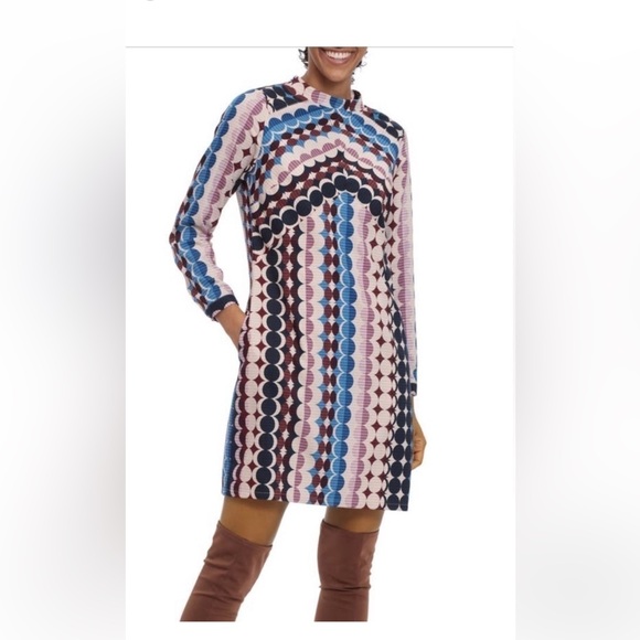 DONNA Morgan Long Sleeve Blue, Brown & Cream Circle Print Mini Dress Size 8 NWT - Picture 1 of 14